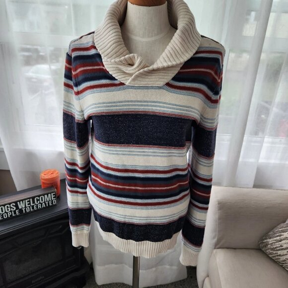 NWT $50 Sun + Stone Men's Blanket Stripe Shawl Sweater Small Beige Khaki - Picture 1 of 4